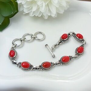 Sterling Silver 925 Red Coral Gemstone Bracelet Vintage Southwest Style New